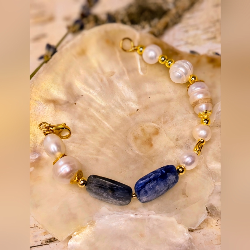 Blue Kyanite & Natural Baroque Pearls In Assymetrical Free Form Artisan Bracelet